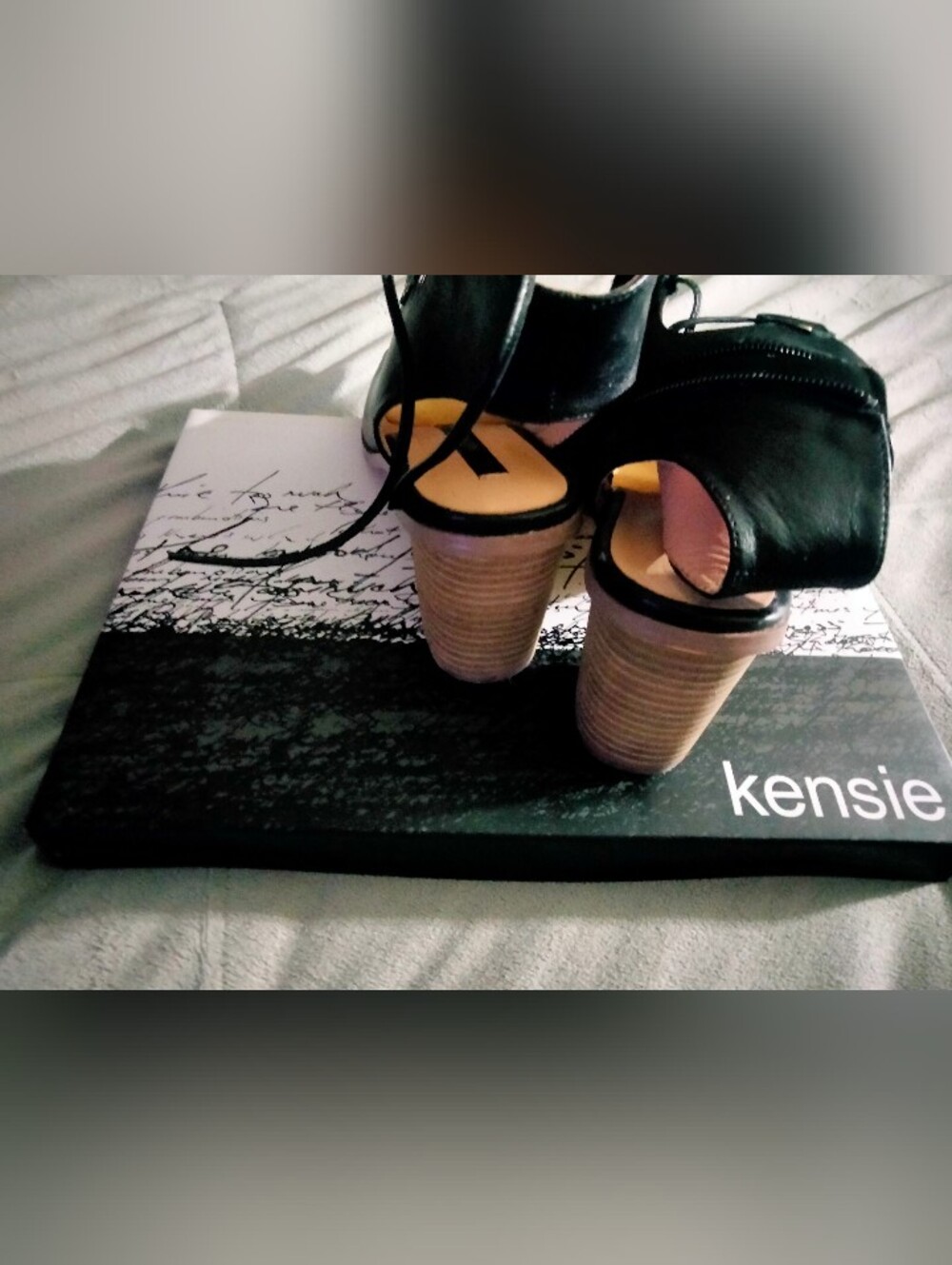 Kensie Black Leather Open-Toe Sandal with Stacked Wood Block Heel
